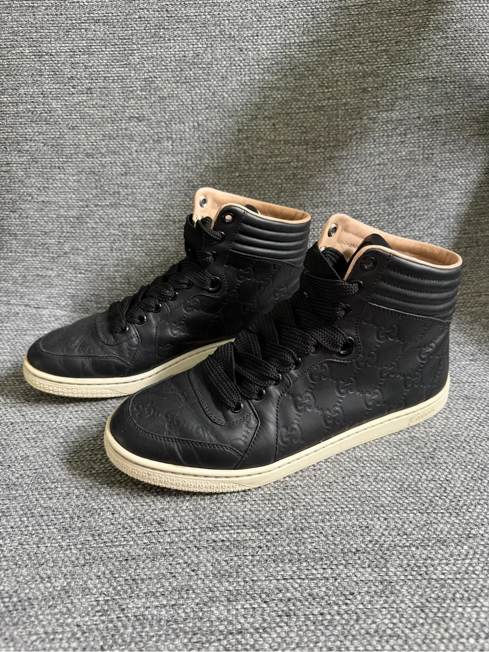 Gucci Black Embossed Leather High-Top Sneakers with Cream Sole